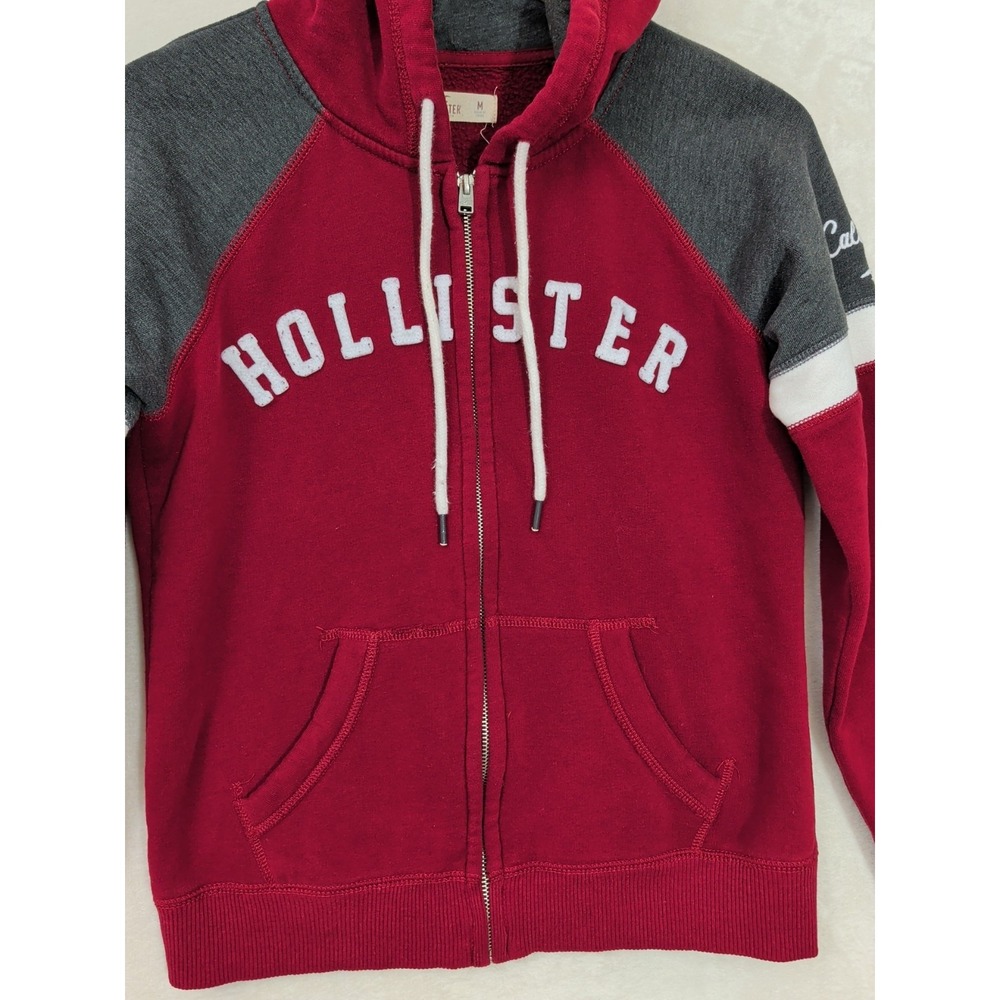 Hollister Hoodie Jacket Women‎ M Burgundy Gray Y2K Spellout Preppy Academia - Picture 3 of 10
